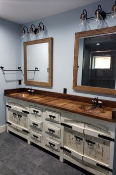 Goliath Reclaimed Double Sink Bathroom Vanity in Rustic White Finish with Medium Walnut countertop with copper oval drop-in sinks Farm Style Bathroom Vanity, Diy Double Bathroom Vanity, Master Bath Farmhouse Style, Backsplash Bathroom Vanity, Rustic Bathroom Sink Ideas, Master Bath Vanity Ideas Double Sinks, Modern Rustic Bathroom Ideas, Modern Rustic Bathroom, Rustic Bathroom Sink