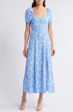 & Other Stories Floral Puff Sleeve Midi Dress | Nordstrom Blue Flower Dress, Gathered Bodice, Puff Sleeve Midi Dress, Flowy Midi Dress, Dress With Puff Sleeves, French Dress, Light Blue Flowers, Ruched Midi Dress, Sleeve Midi Dress