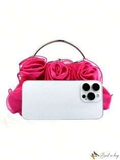 BirdinBag - Glamorous Satin Flower Decor Bag - Perfect for Party, with Top Handle and Chain Rectangular Shoulder Bag For Spring Events, Spring Party Pouch Shoulder Bag, Spring Party Shoulder Bag With Top Handle, Pink Top Handle Box Bag For Party, Chic Pink Box Bag For Party, Pink Shoulder Bag With Detachable Strap For Party, Portable Top Handle Shoulder Bag For Party, Spring Party Shoulder Bag Clutch, Pink Portable Shoulder Bag For Party