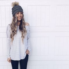 Show Some Stripes Top (6 Colors) - Gunny Sack and Co. Trendy Slouchy Tops For Everyday, Casual Off-shoulder Long Sleeve Top For Winter, Casual Off-shoulder Winter Tops, Slouchy Long Sleeve Tops For Everyday, White Slouchy Top For Spring, Gunny Sack, Stripes Top, On Or Off, Clothes Horse