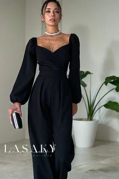 Lasaky - Elegant Long-Sleeved High-Waisted Jumpsuit with a Sophisticated Design Classy Rompers Pants, Chic Luxury Jumpsuits And Rompers For Evening, Luxury Fitted Sleek Jumpsuits And Rompers, Affordable Elegant Jumpsuits And Rompers For Going Out, Luxury Tie Waist Jumpsuits And Rompers, Luxury Elegant Overall Jumpsuits And Rompers, Luxury Tailored Jumpsuits And Rompers For Work, Luxury Chic Jumpsuits And Rompers, Luxury Chic Jumpsuits And Rompers For Night Out