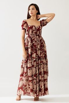 Red and peach floral print maxi dress with frill details. - Aza Fashions Red Floral Print Tiered Maxi Dress, Red Tiered Maxi Dress With Floral Print, Red Floral Print Tiered Dress, Red Tiered Floral Print Dress, Red Flowy Tiered Midi Dress, Flowy Red Tiered Midi Dress, Maxi Dress For Women, Types Of Work, Floral Squares