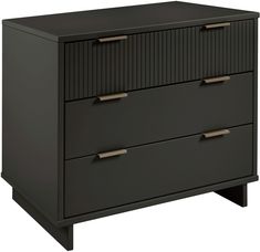 a black dresser with three drawers and two brass pulls on the bottom, against a white background