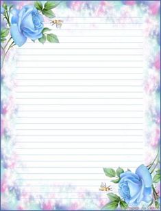 a blue rose lined paper with flowers and leaves on the border, in pastel colors