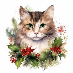 a watercolor painting of a cat with holly and berries around it's neck