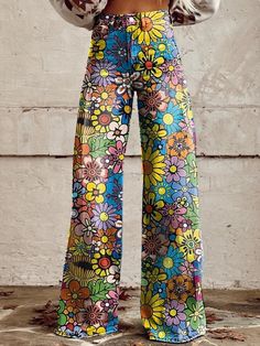 Women's Vintage Flower Daisy Print Casual Wide Leg Pants Multicolor Full Length Summer Bottoms, Casual Multicolor Floral Print Pants, Spring Multicolor Printed Pants, Multicolor Full Length Summer Pants, Multicolor Printed Pants For Spring, Multicolor Wide Leg Pants With Floral Print, Multicolor Floral Print Wide Leg Pants, Trendy Spring Printed Jeans, Trendy Printed Jeans For Spring