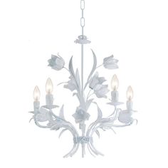 a white chandelier with five lights hanging from it's center and flowers on the bottom