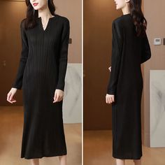 This versatile Pleated Long Sleeve Slim Fit Midi Dress can be dressed up or down to suit any situation. The lightweight fabric also lets you stay cool on a hot summer day. Long Sleeve V-neck Dress For Fall, V-neck Sweater Dress For Spring, Fitted V-neck Sweater Dress, Elegant Fitted Midi Dress With Split Neck, V-neck Winter Dresses, Casual V-neck Midi Dress For Winter, Formal Long Sleeve V-neck Dress For Fall, Elegant V-neck Midi Dress For Fall, V-neck Sweater Dress For Work