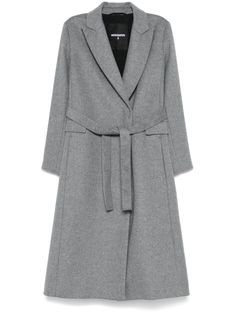 grey wool blend textured finish mélange effect double-breasted press-stud fastening belted waist peak lapels shoulder pads long sleeves two side flap pockets central rear vent full lining straight hem mid-length Elegant Winter Outerwear With Belted Cuffs, Tailored Belted Wool Coat For Winter, Belted Wool Coat For Fall Workwear, Spring Wool Coat For Workwear, Fall Wool Coat For Workwear, Belted, Spring Workwear Belted Wool Coat, Winter Wool Coat With Belted Cuffs For Work, Elegant Long Coat With Belt Loops, Spring Wool Coat For Office With Belted Cuffs