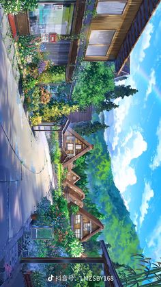 an anime scene with the sky and trees in the foreground, buildings on either side