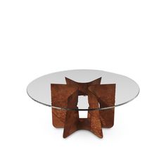 a glass and wood table with an abstract design