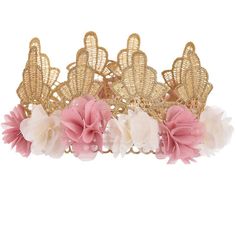 three pink and white flower hair combs with gold filigreets on top