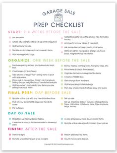 the garage sale prep checklist is shown in pink, yellow and green with words on it