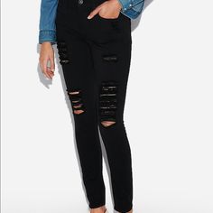 Never Worn Black Distressed Jeans. Mid Rise. High Waist Ripped Black Pants, Edgy Black Bottoms With Holes, Edgy Ripped Bottoms For Fall, Black Ripped Pants For Spring, Edgy Bottoms With Holes For Fall, Black Ripped Edgy Pants, Trendy Black Ripped Pants, Edgy Black Jeans With Holes, Edgy Black Ripped Pants