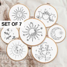 six embroidery kits with the words set of 7 in front of them and an image of sun, moon, and stars