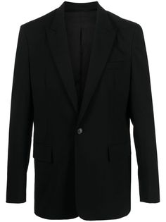 black stretch-design tailored cut peak lapels front button fastening long sleeves chest welt pocket front flap pockets straight hem Blazer Black, Breasted Blazer, Black Blazers, Colored Blazer, Black Stretch, Flap Pocket, Welt Pocket, Mens Suits, Single Breasted