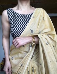 Cotton Chanderi Silk Saree With Unstitched Running Blouse - Etsy India Sleeveless Blouse Designs, Saree Blouse Styles, Cotton Saree Blouse, Indian Saree Blouses Designs