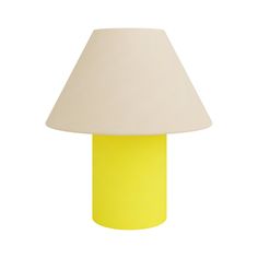 a yellow table lamp with a white shade on the top, and a light green base