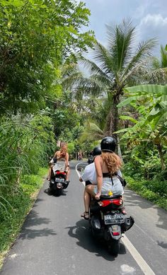 two people riding on the back of motor scooters down a road in front of palm trees