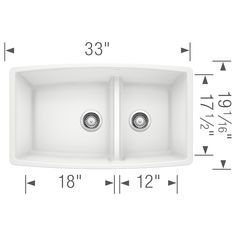 an image of a double bowl sink with measurements for the top and bottom bowls below