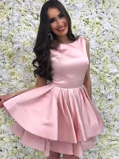 Bridelily A-Line With Ruffles Scoop Satin Sleeveless Short/Mini Prom Dresses - Prom Dresses Sweet 16 Dresses Long, Sweet 16 Party Dress, Mini Homecoming Dresses, Pink Homecoming, Satin Homecoming Dress, Cheap Homecoming Dresses, Dress Layer, Pink Homecoming Dress, Mini Robes