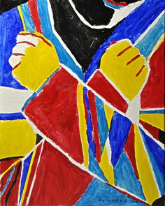 an abstract painting of a man in red, blue, yellow and black with his arms crossed