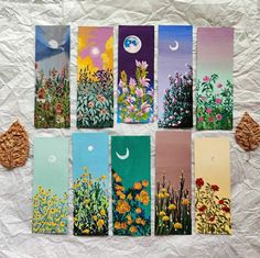 six cards with flowers and moon on them