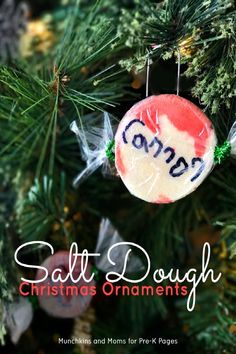 a christmas ornament hanging from a tree with the words salt dough on it