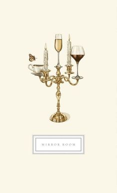 a gold candelabra with three glasses on it and the words mirror room