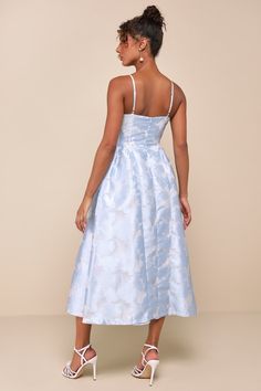 Whether you're a ""plus-one"" or the guest of honor, you'll make a stylish statement with the Lulus Gorgeous Destiny Light Blue Burnout Jacquard Bustier Midi Dress! Lightweight, taffeta-like woven fabric, with a burnout floral jacquard design throughout, shapes this stunning dress that starts with adjustable spaghetti straps, an ultra-romantic sweetheart neckline, and a bustier-inspired bodice with seamed cups and supportive underwire. A flattering Basque-style waist sits atop an elegant A-line Blue Jacquard Dress, Light Blue Midi Dress, Bustier Midi Dress, Midi Dress Floral, Brunch Dress, Jacquard Design, Wedding Top, Bustier Dress, Floral Jacquard