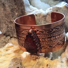 Copper Cuff Bracelet With Pietersite, Handmade, Artisan, New. Double Layered Copper Cuff. Both Layers Are Made From Solid Copper Mined In The Usa. The Upper Layer Is Embossed With An Ornate Pattern, And The Antiqued To Enhance The Marks. The Two Layers Are Riveted Together And Sealed On The Upper Layers. The Inside Of The Cuff Is Natural Raw Copper. (If You Wish To Have The Inside Sealed As Well, Just Let Me Know When You Purchase It And I Will Seal It Before Shipping At No Extra Cost.) Set Atop Hammered Copper Jewelry, Leather Gifts For Her, Large Cuff Bracelet, Ornate Pattern, Knot Bangle, Healing Gemstone Bracelets, Handmade Jewelry Bracelets, Copper Cuff Bracelet, Copper Cuff