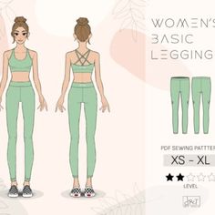 a woman's basic leggings sewing pattern is shown in the front and back