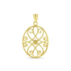 "14k yellow gold filigree oval pendant. measures approx 1 1/4\" by 3/4\". high polish finish." Ornate Oval Filigree Jewelry, Ornate Oval Filigree Pendant Jewelry, Ornate Filigree Oval Pendant Jewelry, Ornate Oval Pendant Filigree Jewelry, Gold Filigree Oval Link Jewelry, Oval Yellow Gold Filigree Jewelry, Yellow Gold Oval Pendant With Intricate Design, Gold Oval Filigree Necklace, Gold Oval Filigree Necklaces