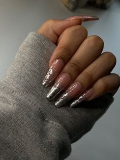 Foil French Tip Nails, Silver Outline Nails, French Foil Nails, Silver Nails Ballerina, French Nails With Foil, Silver Ballerina Nails, Nails Silver Flakes, Nails With Silver Dress