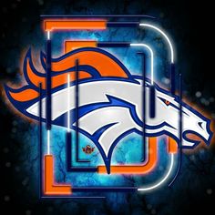 the denver cowboys logo on a black background with blue, orange and white lines around it