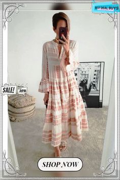 Women's Swing Dress Maxi Long Dress - 3/4 Length Sleeve Geometric Print Spring Summer Casual Vacation Dresses Flare Cuff Sleeve Red Gray Red Long Sleeve Midi Dress For Spring, Red 3/4 Sleeve Dress For Vacation, Red 3/4 Sleeve Spring Dress, Red 3/4 Sleeve Dress For Spring, Red 3/4 Sleeve Beach Dress, Red Long Sleeve Midi Dress For Beach, Red Half Sleeve Bohemian Dress, Red Bohemian Dress With 3/4 Sleeves, Bohemian Red Dress With 3/4 Sleeves