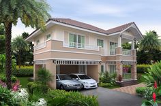 two cars are parked in front of a house with palm trees and flowers around it