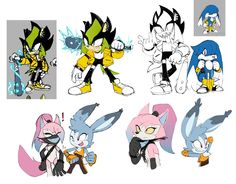 four different sonic and tails characters in various poses