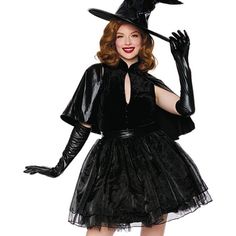 Vintage Witch Costume Set Features Velvet And Organza Sleeveless Dress With Front Button, Key-Hole, And Wet-Look Waistband, Wet-Look Witch Hat, Wet-Look Cape (Three-Piece Set) Whether You Want To Stun Everyone At The Halloween Party With Your Sexy Costume Or Want To Spice Things Up, This Sexy Costume Outfit Is An Outstanding Choice. Gothic Black Costume For Party, Black Witchy Dress For Fantasy Events, Vampire Costume For Halloween Themed Events, Black Cosplay Costume For Halloween, Witchy Black Costume For Halloween, Black Witchy Halloween Costume, Black Dresses For Halloween Themed Events, Witchy Black Halloween Costumes, Sleeveless Cosplay Costume For Halloween