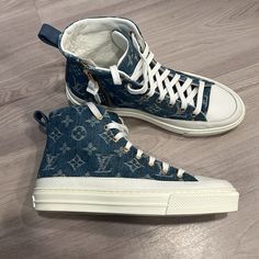 Size 6 Us (36 Italy) Used But Still In Good Condition. No Box! Louis Vuitton Denim, Shoes Louis Vuitton, Denim Sneakers, Louis Vuitton Shoes, Womens Shoes Sneakers, Blue White, Shoes Sneakers, Color Blue, Louis Vuitton