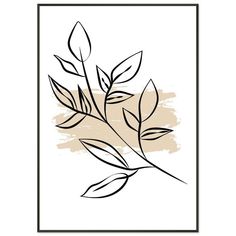 a black and white drawing of leaves in a square frame on a light brown background