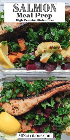 two plastic containers filled with meat and veggies next to lemon wedges on the side