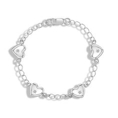 This silver charm bracelet has four hearts with star embellishments, making them more fashionable and cute for your little girl. It makes a great birthday or holiday gift for infants and young girls. Share this high-quality sterling silver heart bracelet with your daughter, granddaughter, niece or special young girl in your life. She will always treasure this adorable & unique design. These five-inch little girls' sterling silver bracelet is made from 925 sterling silver which is suitable for gi Cute Silver Bracelets With Heart Charm, Silver Heart Bracelets For Birthday, Silver Heart Charm Bracelet For Birthday, Cute Silver Bracelets With Heart Beads, Cute Silver Jewelry With Star Charm, Cute Adjustable Silver Heart Bracelet, Valentine's Day Silver Jewelry With Star Charm, Sterling Silver Heart Bracelet, Silver Heart Bracelet