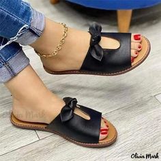 Olivia Mark - Hollowed-Out Butterfly Bowtie Slippers for Women Ladies Slides, Walking Women, Women Slippers Fashion, Women Casual Flats, Soft Sandals, Basic Heels, Bow Sandals, Casual Flat Shoes, Black Shoes Women