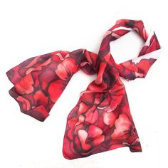 Poppy silk scarf folded into a loop. Red Silk Scarf With Floral Print, Red Floral Print Silk Scarf, Red Floral Print Silk Scarf As A Gift, Red Floral Print Silk Scarf As Gift, Red Silk Scarf, Silk Scarfs, Hand Painted Scarves, Light Silk, Shade Flowers