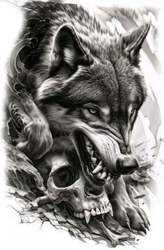 a wolf and skull tattoo design