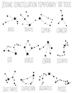 zodiac constellation tattoo designs with the names in black and white, on a white background