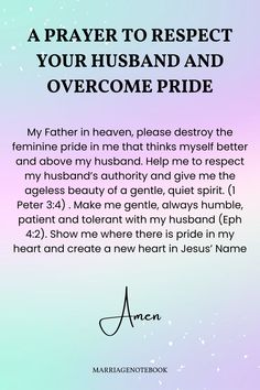 a prayer card with the words,'a prayer to respect your husband and overcome pride '