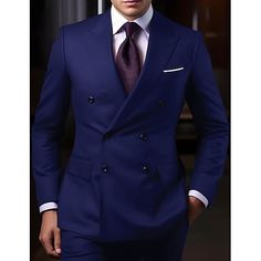 Category:Suits; Embellishment:Pocket; Season:Spring, Fall, Winter, Summer; Fabric:Cotton Blend; Front Closure:Double-Breasted Buttons; Style:Formal,Business,WorkWear,Dress; Includes:Pants,Jacket; Occasion:Wedding; Fit Type:Tailored Fit; Jacket Buttons:Double Breasted Six-buttons; Jacket Vents:Single (Center); Jacket Pockets:Straight Flapped; Pattern:Solid Colored; Neckline:Peak; Listing Date:10/25/2023; Production mode:External procurement; Pant Length:; Pants Waist:; Shoulder Width:; Sleeve Len Formal Tuxedo Sets, Formal Tuxedo Sets With Button Closure, Formal Three-piece Suit With Long Sleeves And Pockets, Tailored Tuxedo Sets With Pockets, Formal Sets With Pockets And Lapel Collar, Semi-formal Sets With Lapel Collar And Buttons, Elegant Sets With Lapel Collar And Pockets, Semi-formal Sets With Buttons And Lapel Collar, Elegant Sets With Pockets And Lapel Collar