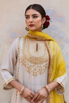 Shop for Gulabo Jaipur Off White Muslin Roop Hand Embroidered Kurta Pant Set for Women Online at Aza Fashions Gulabo Jaipur, Heavy Suits, Printed Kurti Designs, Aari Design, Button Up Maxi Dress, Zardozi Work, Kurta Pant Set, Neck Designs For Suits, Kurta Design